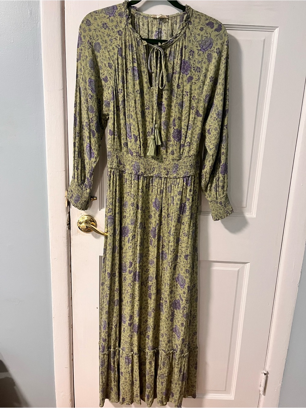 easel Green Floral Long Sleeve Maxi Dress with Purple Accents - Picture 4 of 7